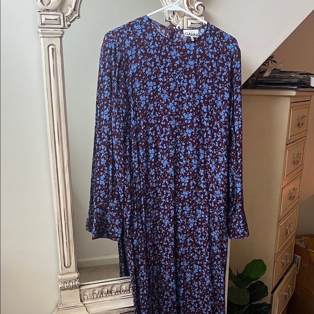 Ganni Long Sleeve Dress in Blue and Brown Floral